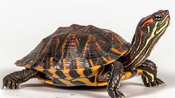 An Eastern Box Turtle displays its colorful shell and intricate patterns while remaining motionless on a soft white surface. The photo captures its striking appearance beautifully.