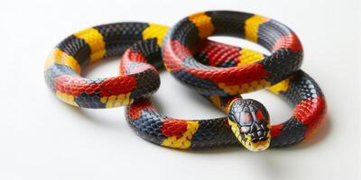 striking Eastern Coral Snake showcases its vibrant red yellow and black bands while gracefully slithering on a bright white surface in excellent lighting. photo