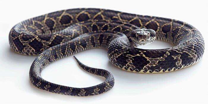 Eastern Diamondback Rattlesnake rests in a coiled position displaying its unique diamond shaped patterns and a visible rattle captured in sharp focus. photo
