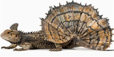 Frilled Dragon stands alert with its frill fully extended showcasing vibrant colors. This reptile is isolated on a clean white background highlighting its unique features. photo