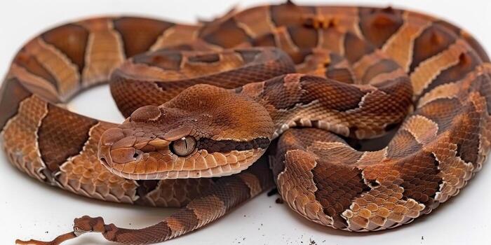 Gaboon Viper is coiled and isolated on a white background emphasizing its striking cryptic pattern under dramatic lighting from a telephoto lens. photo