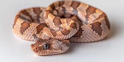 Gaboon Viper rests in a coiled position showcasing its distinct cryptic patterns and striking coloration against a seamless white background illuminated dramatically. photo