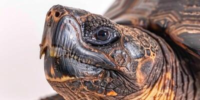 A Galapagos giant tortoise is attentively looking to the side highlighting its impressive shell and distinct features on a soft white background creating a peaceful ambiance. photo
