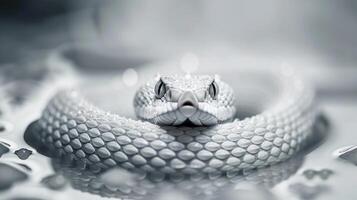 The Gaboon Viper is depicted coiled with its intricate pattern highlighted by dramatic lighting. Its distinct features are emphasized against a plain white background. photo