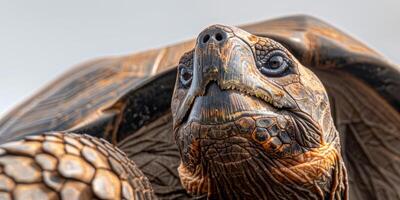 A Galapagos Giant Tortoise with a massive shell looks to the side showcasing its unique features against a clean white backdrop accentuated by subtle shadows. photo