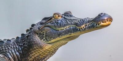 Gharial known for its distinctive long snout is calmly resting in a controlled environment illuminated by even lighting showcasing its unique features and textures. photo