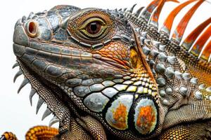 striking green iguana stands alert against pure white backdrop illuminated soft studio lighting that accentuates vibrant scales and distinct spines highlighting its natural beauty. photo