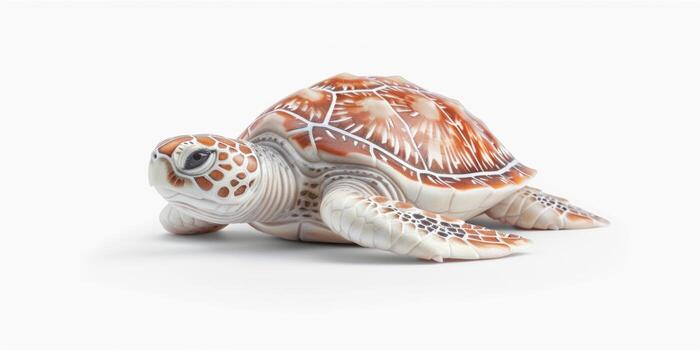 green sea turtle is seen moving forward highlighting its smooth beautifully patterned shell in a striking contrast against a white background. photo