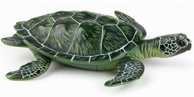 green sea turtle glides effortlessly through water displaying its smooth vibrant shell while soaring against a stark white backdrop showcasing its natural beauty and grace. photo