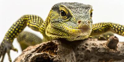 stunning green tree monitor lizard exhibits vibrant green scales while resting branch all captured with high key lighting for dramatic effect on a white background. photo