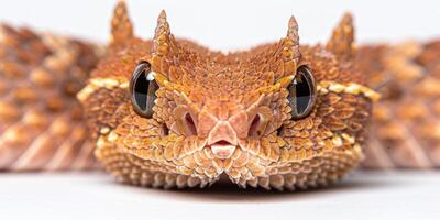 Horned Viper lies motionless on a smooth white surface revealing its striking horns and intricate scale patterns. The composition emphasizes its unique features. photo