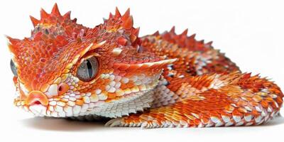 vibrant Horned Viper lies still against a white backdrop highlighting its striking horned appearance and intricate scales in detail under soft lighting. photo