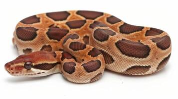 Jamaican Boa showcases its beautiful brown and tan patterns while coiled in a relaxed pose isolated against a soft white background. The gentle lighting highlights its unique features. photo