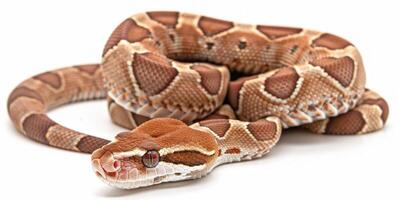 depiction showcases a Jamaican Boa beautifully coiled and featuring distinctive brown and tan patterns. The soft white background highlights its unique features and textures. photo