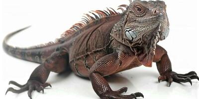 Jamaican Iguana displays its distinct rough scales while standing alert against a white backdrop. The even studio lighting highlights its features and textures. photo