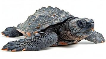 A small Leatherback hatchling makes its way across a clean white surface highlighting its distinctive shell patterns and texture under bright light. photo