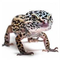 The Leopard Gecko with its striking spotted patterns and bright eyes confidently walks on a clean white surface highlighting its fascinating details in a macro perspective. photo
