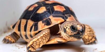 Leopard Tortoise showcases its unique spotted shell while standing in bright lighting against a clean white backdrop. The reptiles features are highlighted beautifully. photo
