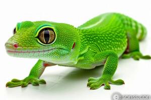 Madagascar Day Gecko displays its vibrant green skin while clinging to a surface. The creature showcases intricate details and colors under bright white lighting. photo