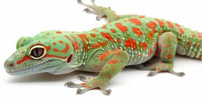 Madagascar Giant Day Gecko exhibits vibrant green skin adorned with red markings. It clings to a surface in high key lighting displaying its stunning details. photo