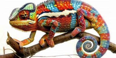 Madagascar giant chameleon clings to a branch showcasing its striking colors and intricate patterns. This unique reptile is isolated against a bright white backdrop. photo