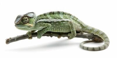 Madagascar Giant Chameleon displays an array of vibrant colors while gripping a branch against a pure white backdrop highlighting its unique features and textures. photo