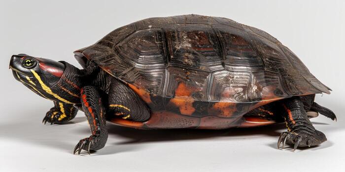 Eastern Painted Turtle displays vivid colors and intricate patterns while standing against a clean white background highlighting its reptilian beauty and unique textures. photo