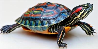 Eastern Painted Turtle displays its strikingly colorful shell and distinctive patterns while standing on a clean white surface creating a captivating visual effect. photo
