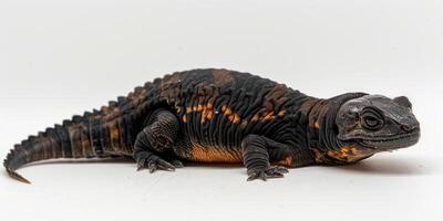 Egyptian Uromastyx rests in isolation displaying its distinctive spiky tail and earthy coloration under soft lighting. The reptile is detailed and vibrant in appearance. photo