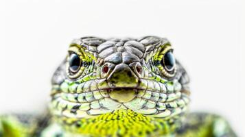 European Green Lizard displays its vibrant green scales while perched against a stark white background showcasing its unique textures and colors in excellent lighting conditions. photo