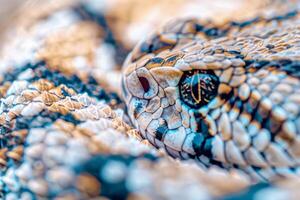 European Adder snake lies motionless on a white surface displaying intricate zigzag patterns and vibrant colors. Soft shadows enhance its striking features. photo
