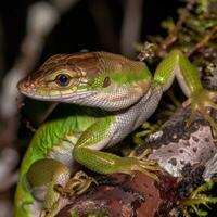 vibrant emerald swift lizard perches gracefully showcasing its bright green scales. This creature is beautifully isolated against a soft white backdrop that enhances its vivid coloration. photo