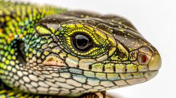 European Green Lizard with bright green and patterned scales rests in isolation against a white background illuminated by bright lighting. The focus highlights its intricate features. photo