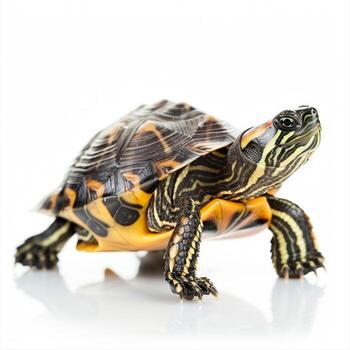 European Pond Turtle with striking dark shell is showcased against a pristine white background creating a vivid contrast that highlights its unique features and patterns. photo