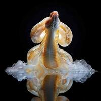 striking specimen of a False Water Cobra displays its hood partially expanded illuminated dramatically against a white background highlighting its captivating features and textures. photo