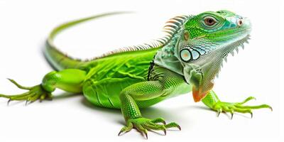Fiji Banded Iguana displays its vibrant green skin and distinctive white bands while perched gracefully on a soft surface. The macro shot captures its intricate features and textures. photo