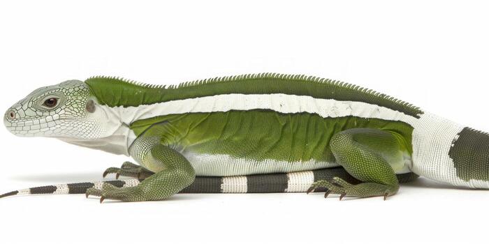 isolated Fiji Banded Iguana displays its stunning green coloration and unique white bands highlighting the reptiles intricate features against a clean background. photo