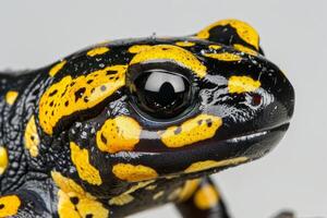 Fire Salamander showcases its vibrant black and yellow pattern as it crawls slowly across a bright white surface highlighting its unique features and textures. photo