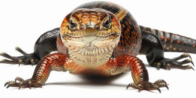 Fire Skink moves confidently displaying its bright red and gold scales. Soft lighting enhances the vivid colors against the pristine white backdrop highlighting its unique features. photo