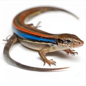 five lined skink with a striking blue tail is actively crawling across a clean white surface highlighting its vibrant colors and unique features in bright lighting. photo