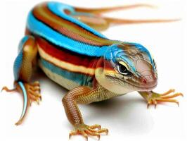 five lined skink showcases its vibrant blue tail while crawling across a clean white surface. The reptiles intricate patterns and details are emphasized in bright lighting. photo