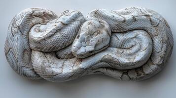 Gaboon Viper is coiled tightly displaying its impressive and cryptic patterns. The dramatic lighting enhances its scale and texture against the stark white backdrop. photo