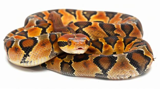 Gaboon Viper is coiled gracefully against white background exhibiting its distinctive and intricate pattern under striking lighting emphasizing its beauty and uniqueness. photo