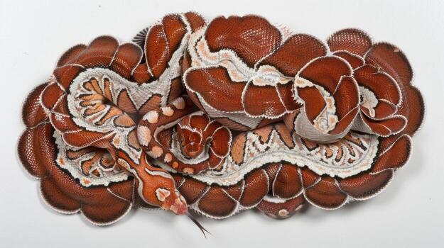 Gaboon Viper exhibits striking cryptic patterns while coiled in a graceful pose against a stark white surface showcasing its unique coloration and scale texture. photo