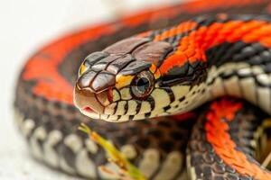 Garter Snake with striking stripes shown in motion elegantly slithering forward on pristine white surface highlighted by subtle soft shadows emphasizing its natural beauty. photo