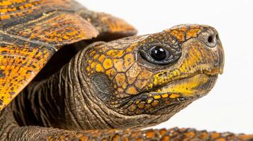 Gopher Tortoise moves forward displaying its distinctive rough shell and vibrant patterns against a smooth white backdrop. The soft lighting highlights its features. photo