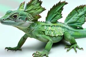Green Basilisk lizard known for remarkable ability to run on water is showcased isolated against white backdrop highlighting its vibrant green coloration and unique features. photo