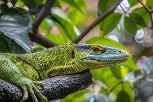 striking Green Tree Monitor lizard with vivid green scales perched on branch showcasing unique features in bright high key lighting against a clean white backdrop. photo