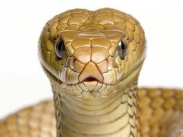King Cobra displays its hood in a striking pose highlighting the intricate patterns and colors of its scales. The dramatic lighting accentuates its fierce presence. photo