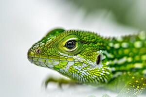 Knight Anole stands out with its striking green hue and detailed textures isolated on a white background highlighting its natural beauty and features. photo